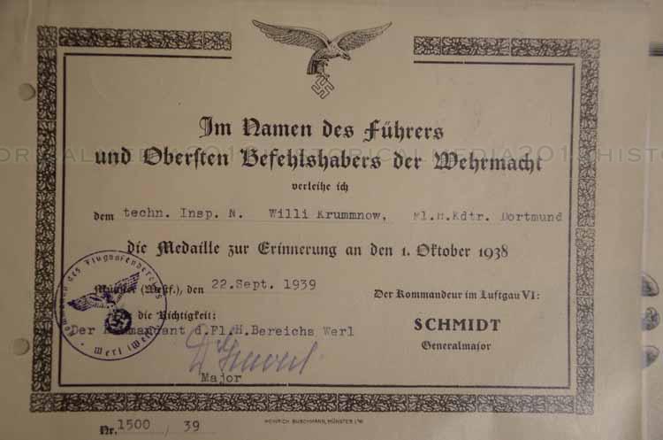 Bildergebnis für medaille 1. oktober 1938 verleihungsurkunde